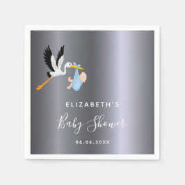 Babyduschpojke silver blå stork pappersservett