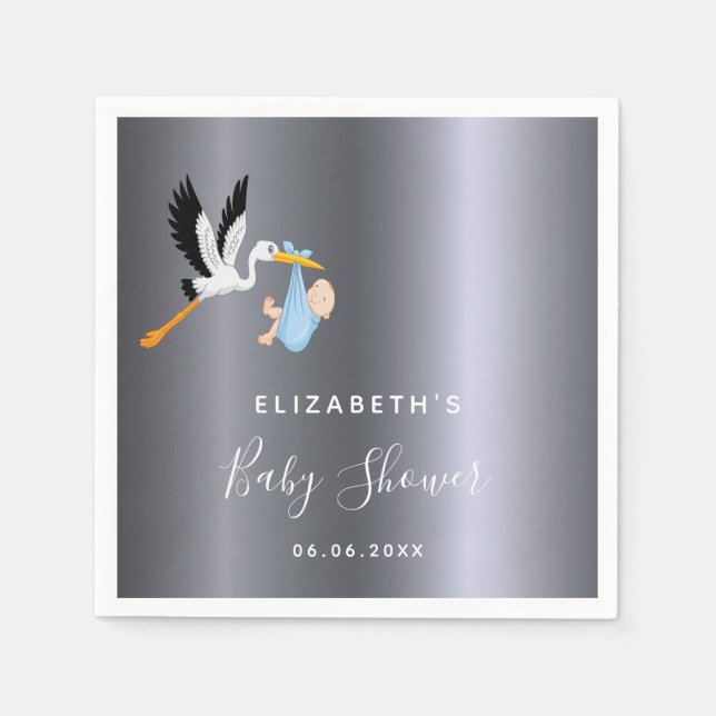 Babyduschpojke silver blå stork pappersservett (Framsidan)