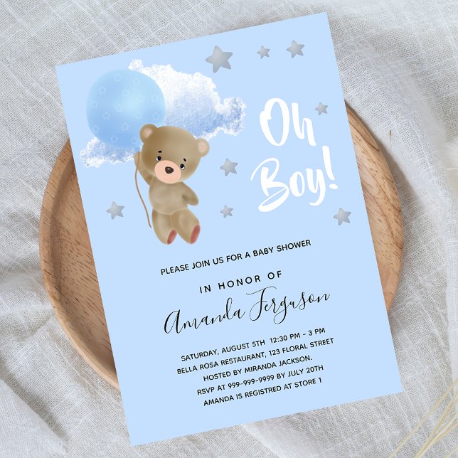 Babyduschpojkens nalle blå stjärnor inbjudan vykort (Skapare uppladdad)