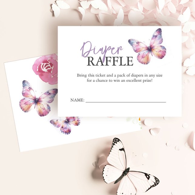 Babyduschskåp Diaper Raffle Butterfly Tilläggskort (Diaper raffle cards purple and pink watercolor butterflies floral art by Victoria Grigaliunas)