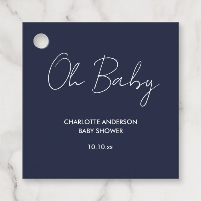 Babyduschskript modern marin blå elegant gåvor etiketter (Framsida)