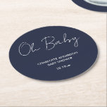 Babyduschskript modern marin blå elegant underlägg papper rund<br><div class="desc">Bebisduschskript modern marin blå elegant party-design. Idealisk könsneutral design. Perfekt som samordnar sommar-,  höst-,  höst-,  fall- och vinterduschutformning.</div>