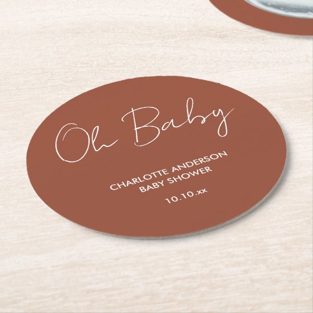 Babyduschskript modern terracotta-brun elegant underlägg papper rund (Vinklad)