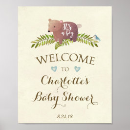 Babyduschskylt blått... Det är en liten träbjörn. Poster