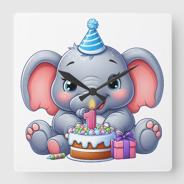 Babyelefant 1-årsdag fyrkantig klocka (Framsida)
