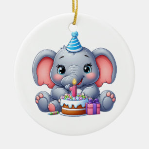 Babyelefant 1-årsdag julgransprydnad keramik