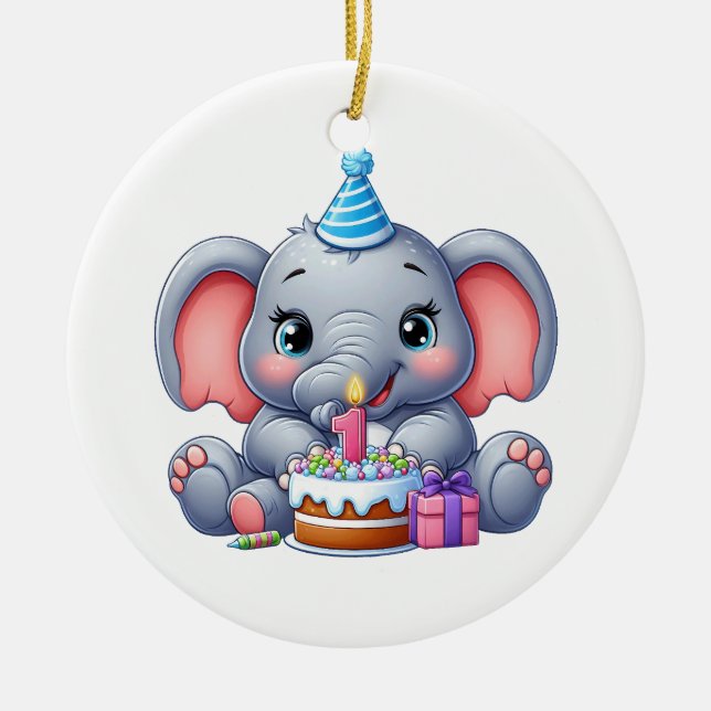 Babyelefant 1-årsdag julgransprydnad keramik (Framsidan)