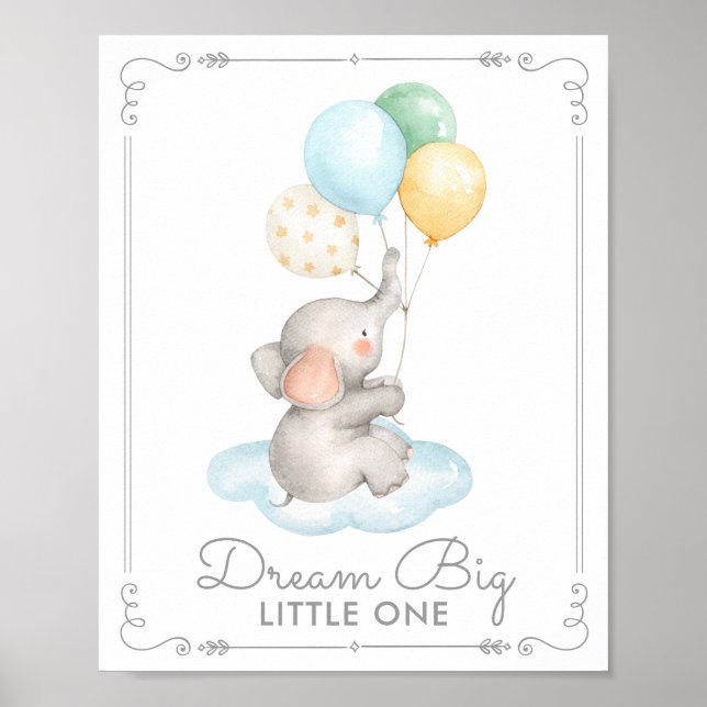 Babyelefant & ballonger Dröm stort Nursery-dekor Poster (Framsidan)