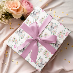 Babyelefant med peonior & ballong baby shower presentpapper