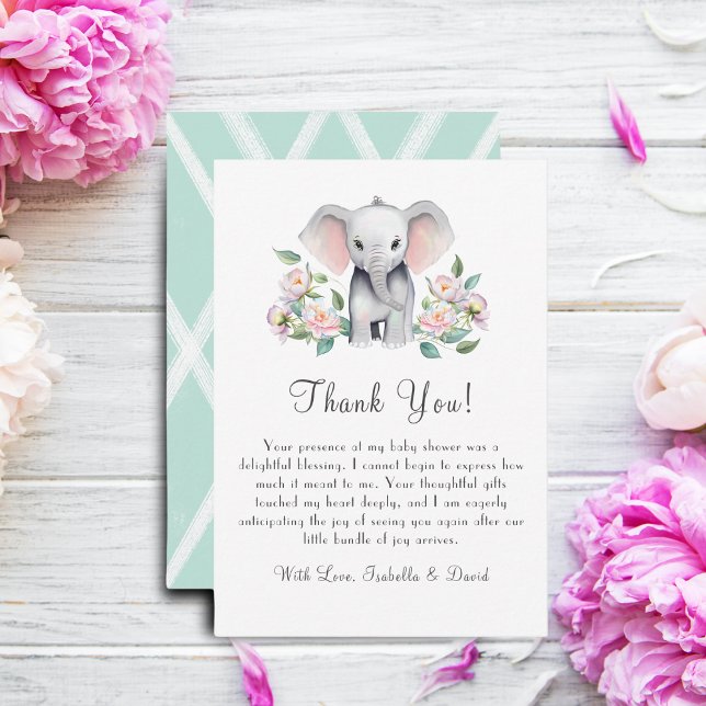 Babyelefant med peonior, Eukalyptusretur  Tack Kort (Send your thanks to your guest for coming to your baby shower  with this charming thank you card. )