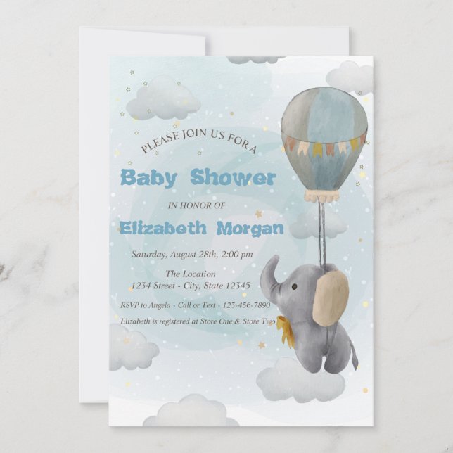 Babyelefant, Moln, Stjärnor Baby Shower Inbjudningar (Framsida)