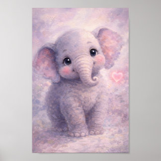 Babyelefant Rosa Hjärt Pastell Fin Konst Oljemålni Poster