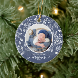 Babyens första julfoto Blå Julgransprydnad Keramik