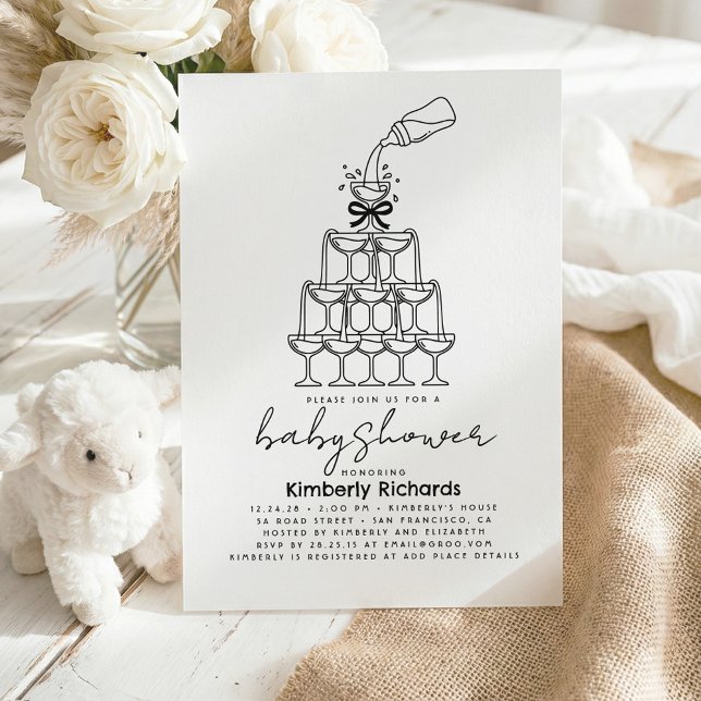 Babyflask-champagne torn Roligt bebisshower Inbjudningar (Milk Bottle Champagne Tower Whimsical Funny Gender Neutral Baby Shower Invitations)