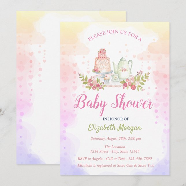 Babyflicka Blomster Tekanna Baby Shower Inbjudningar (Fram/baksida)