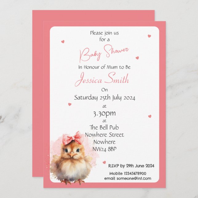Babyflicka Chick Baby Shower-inbjudan Inbjudningar (Fram/baksida)