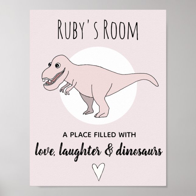Babyflicka Doodle Dinosaur Rosa T-Rex Namn Nurseri Poster (Framsidan)