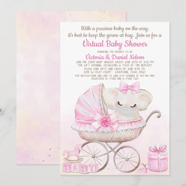 Babyflicka Elefant med Mask Zoom Babyfirande Inbjudningar (Fram/baksida)