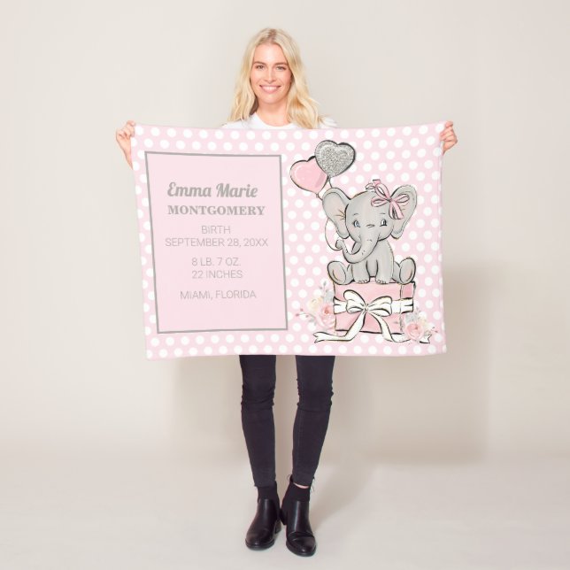 Babyflicka Elefant Rosa Silver Födelse Tillkännagi Fleecefilt (På plats)