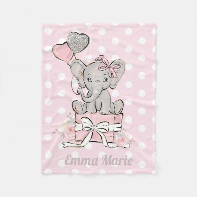 Babyflicka Elefant Rosa Silver Glitter Ballonger Fleecefilt (Framsidan)