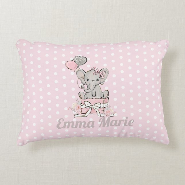 Babyflicka Elefant Rosa Silverballonger Prydnadskudde (Framsidan)