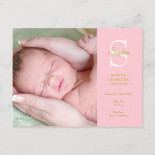 Babyflicka Födelsestatistik Monogram Foto Tack Vykort