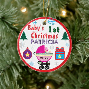 Babyflicka Första Julen Babyvagn NAMN Julgransprydnad Keramik