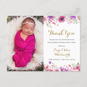 Babyflicka Foto Script Tack Floral Födelse Meddelande Vykort