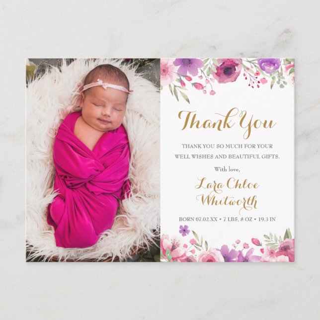Babyflicka Foto Script Tack Floral Födelse Meddelande Vykort (Framsida)