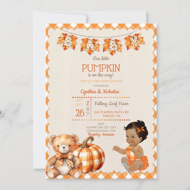 Babyflicka Höst Randig Teddybjörn Pumpa Löv Inbjudningar (Framsida)