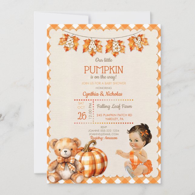 Babyflicka Höst Rutig Teddybjörn Pumpa Löv Inbjudningar (Framsida)