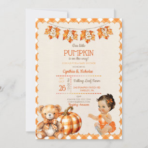 Babyflicka Höst Rutig Teddybjörn Pumpa Löv Inbjudningar