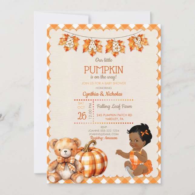 Babyflicka Höst Rutig Teddybjörn Pumpa Löv Inbjudningar (Framsida)