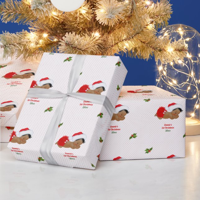 Babyflicka jul röd tomteluva prickigt presentpappe presentpapper (Helgdagar)