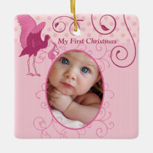 Babyflicka Liten T-Shirt Fotoornament med Födelsed Julgransprydnad Keramik