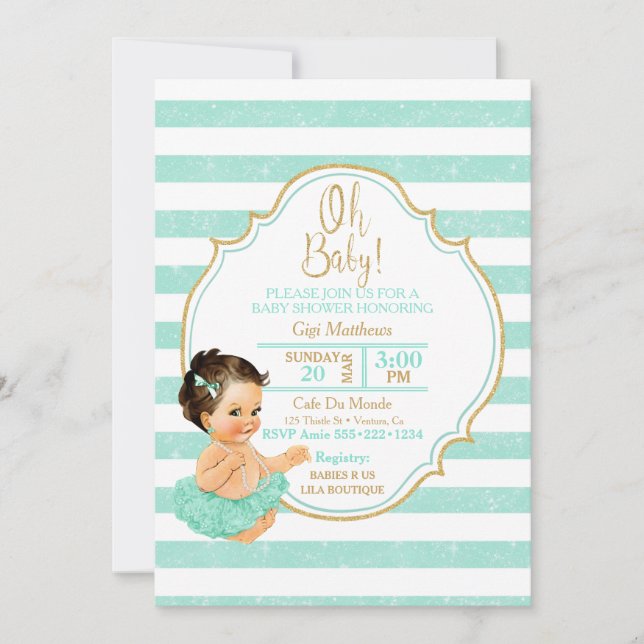Babyflicka Mint Tutu Ränder Guld Glitter Inbjudningar (Framsida)