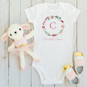 Babyflicka Monogram Rosa Akvarell Blommig T Shirt