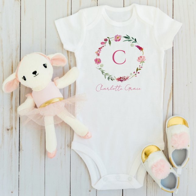 Babyflicka Monogram Rosa Akvarell Blommig T Shirt (Baby Bodysuit)