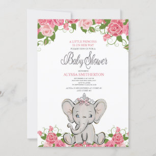 Babyflicka prinsessa tiara elefant rosa blommig inbjudningar