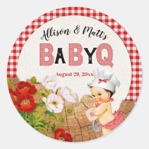 Babyflicka Röd Gingham Trä Blommig Baby Q Grill Runt Klistermärke