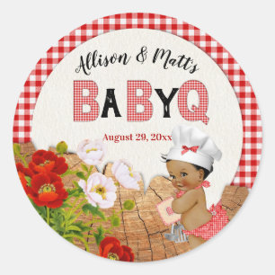 Babyflicka Röd Gingham Trä Blommig Baby Q Grillfes Runt Klistermärke