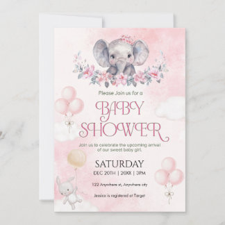 Babyflicka Rosa Elefant Akvarell Baby Shower Inbjudningar