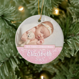 Babyflicka rosa foto första julen snöflingor julgransprydnad keramik