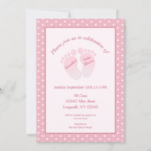 Babyflicka Rosa Fötter Polka Prickar Baby Shower Inbjudningar