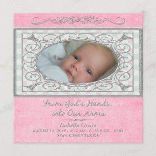 Babyflicka Rosa Gingham Kristen Foto Födelse Meddelande