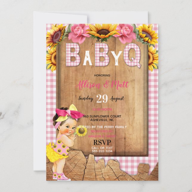 Babyflicka Rosa Gula Solros Baby Q Grillfest Inbjudningar (Framsida)