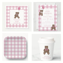 Babyflicka Rosa och Vit Teddybjörn Bebisbad Inbjudningar