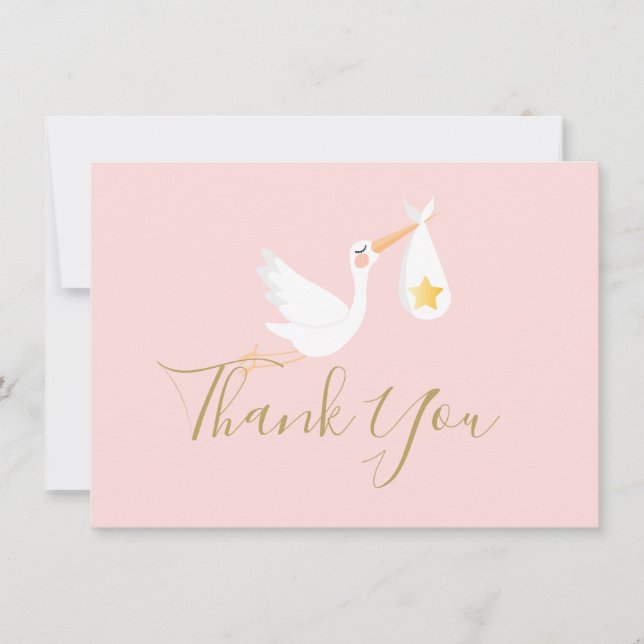 Babyflicka Rosa Stork Gul Stjärna Script Tack Kort (Framsida)