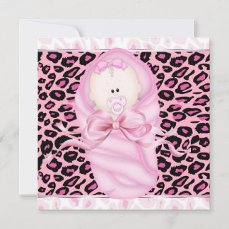 Babyflicka Rosa Svart Leopard Babyflicka Bebisbad Inbjudningar