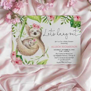 Babyflicka sengångare rosa grönska tropisk baby sh inbjudningar